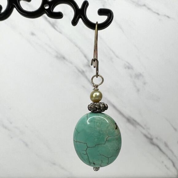 Silver Tone Faux Turquoise Beaded Dangle Earrings Pierced Pair - Picture 6 of 7